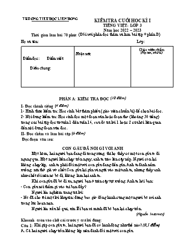 Đề kiểm tra cuối học kì I môn Tiếng Việt Lớp 3 - Năm học 2022-2023 - Trường Tiểu học Liên Hồng - Đề 1 (Có đáp án)