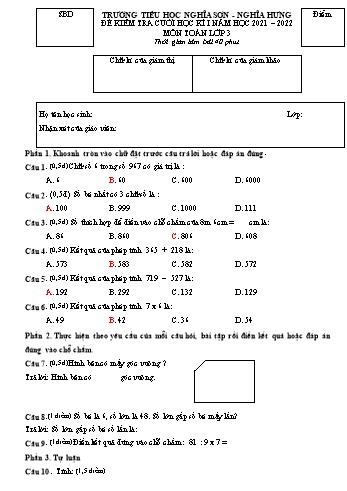 Đề kiểm tra cuối học kì I môn Toán Lớp 3 - Năm học 2021-2022 - Trường Tiểu học Nghĩa Sơn – Nghĩa Hưng (Có đáp án)