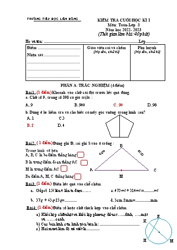 Đề kiểm tra cuối học kì I môn Toán Lớp 3 - Năm học 2022-2023 - Trường Tiểu học Liên Hồng - Đề 2 (Có đáp án)