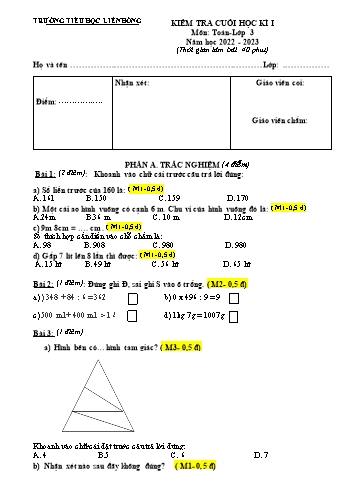 Đề kiểm tra cuối học kì I môn Toán Lớp 3 - Năm học 2022-2023 - Trường Tiểu học Liên Hồng - Đề 1 (Có đáp án)
