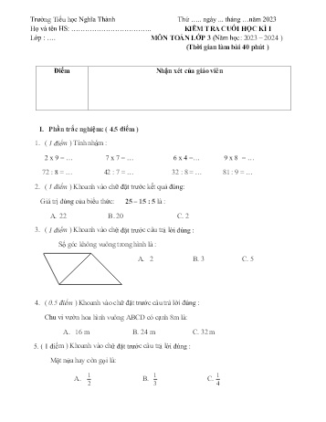 Đề kiểm tra cuối học kì I môn Toán Lớp 3 - Năm học 2023-2024 - Trường Tiểu học Nghĩa Thành (Có đáp án)