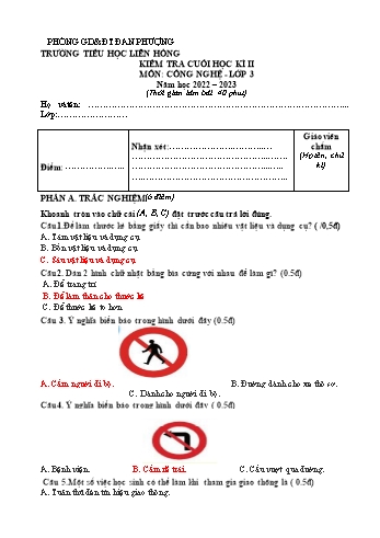 Đề kiểm tra cuối học kì II môn Công nghệ Lớp 3 - Năm học 2022-2023 - Trường Tiểu học Liên Hồng - Đề 1 (Có đáp án)