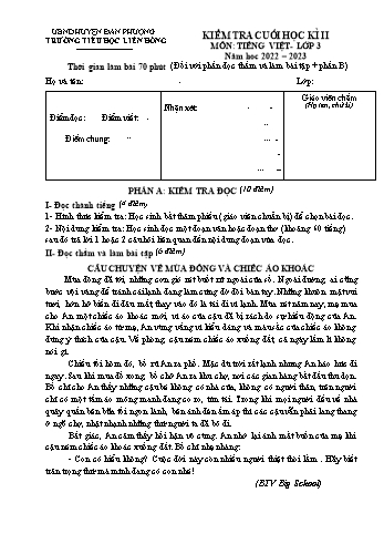 Đề kiểm tra cuối học kì II môn Tiếng Việt Lớp 3 - Năm học 2022-2023 - Trường Tiểu học Liên Hồng - Đề 1 (Có đáp án)