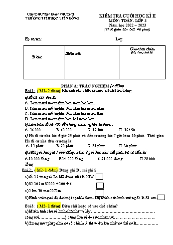 Đề kiểm tra cuối học kì II môn Toán Lớp 3 - Năm học 2022-2023 - Trường Tiểu học Liên Hồng - Đề 1 (Có đáp án)