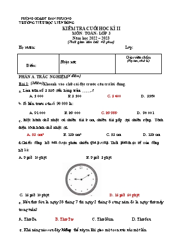 Đề kiểm tra cuối học kì II môn Toán Lớp 3 - Năm học 2022-2023 - Trường Tiểu học Liên Hồng - Đề 2 (Có đáp án)