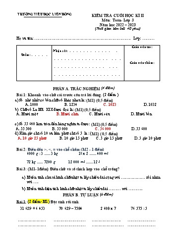 Đề kiểm tra cuối học kì II môn Toán Lớp 3 - Năm học 2022-2023 - Trường Tiểu học Liên Hồng - Đề 3 (Có đáp án)