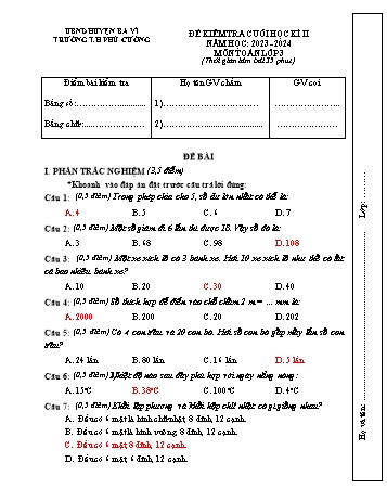 Đề kiểm tra cuối học kì II môn Toán Lớp 3 - Năm học 2023-2024 - Trường Tiểu học Phú Cường (Có đáp án)