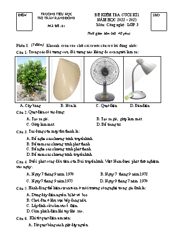 Đề kiểm tra cuối kì 1 môn Công nghệ Lớp 3 (Chân trời sáng tạo) - Năm học 2022-2023 - Trường Tiểu học Rạng Đông