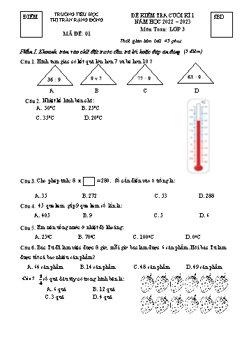 Đề kiểm tra cuối kì 1 môn Toán Lớp 3 - Năm học 2022-2023 - Trường Tiểu học Thị trấn Rạng Đông