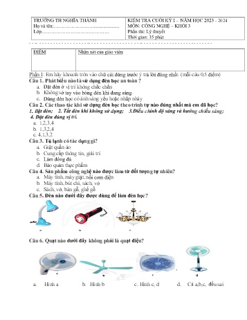 Đề kiểm tra cuối kỳ I môn Công nghệ Khối 3 - Năm học 2023-2024 - Trường Tiểu học Nghĩa Thành (Có đáp án)