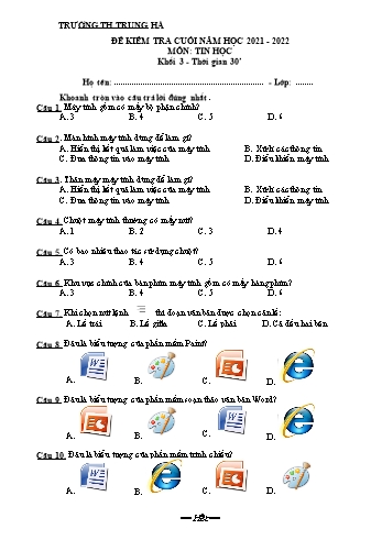 Đề kiểm tra cuối năm môn Tin học Lớp 3 - Năm học 2021-2022 - Trường Tiểu học Trung Hà