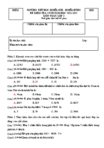 Đề kiểm tra cuối năm môn Toán Lớp 3 - Năm học 2021-2022 - Trường Tiểu học Nghĩa Sơn