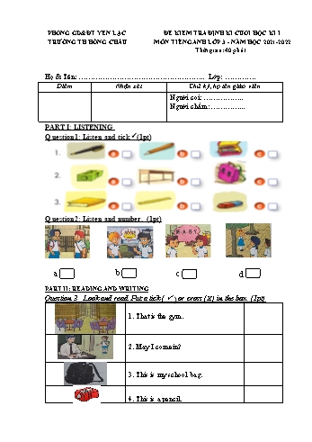 Đề kiểm tra định kì cuối học kì I môn Tiếng Anh Lớp 3 - Năm học 2021-2022 - Trường Tiểu học Hồng Châu