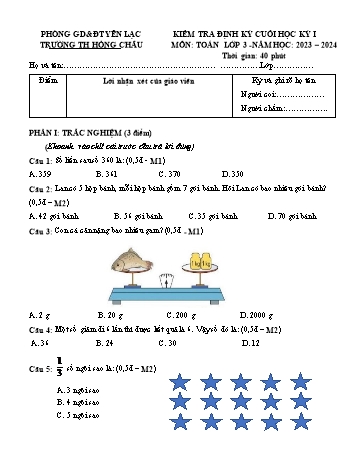 Đề kiểm tra định kỳ cuối học kỳ I môn Toán Lớp 3 - Năm học 2023-2024 - Trường Tiểu học Hồng Châu