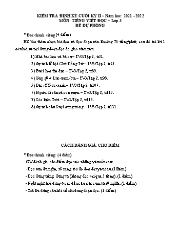Đề kiểm tra định kỳ cuối kỳ II môn Tiếng Việt Lớp 3 - Năm học 2021-2022 - Trường Tiểu học 1 Thị trấn Mỏ Cày (Có đáp án)