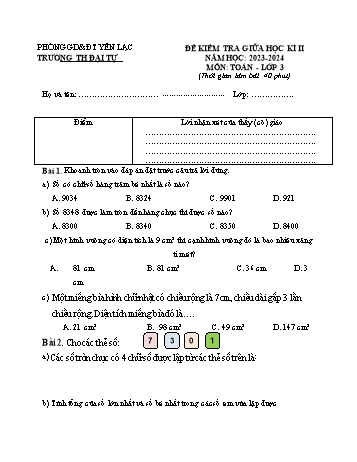 Đề kiểm tra giữa học kì II môn Toán Lớp 3 - Năm học 2023-2024 - Trường Tiểu học Đại Tự
