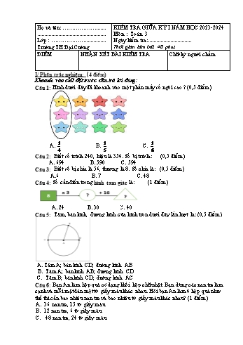 Đề kiểm tra giữa kỳ I môn Toán Lớp 3 - Năm học 2023-2024 - Trường Tiểu học Đại Cường (Có đáp án)