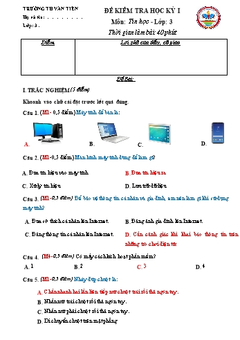 Đề kiểm tra học kỳ I môn Tin học Lớp 3 - Năm học 2022-2023 - Trường Tiểu học Văn Tiến