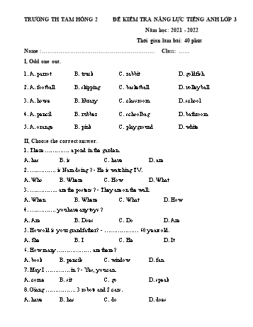 Đề kiểm tra năng lực Tiếng Anh Lớp 3 - Năm học 2021-2022 - Trường Tiểu học Tam Hồng 2