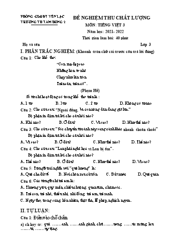Đề nghiệm thu chất lượng môn Tiếng Việt 3 - Năm học 2021-2022 - Trường Tiểu học Tam Hồng 2