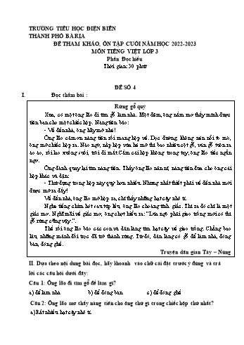 Đề tham khảo, ôn tập cuối năm môn Tiếng Việt Lớp 3 (Đọc hiểu) - Năm học 2022-2023 - Trường Tiểu học Điện Biên - Đề số 4