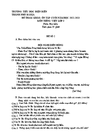 Đề tham khảo, ôn tập cuối năm môn Tiếng Việt Lớp 3 (Đọc hiểu) - Năm học 2022-2023 - Trường Tiểu học Điện Biên - Đề số 2