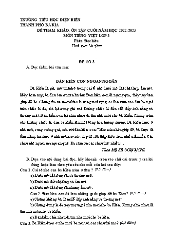 Đề tham khảo, ôn tập cuối năm môn Tiếng Việt Lớp 3 (Đọc hiểu) - Năm học 2022-2023 - Trường Tiểu học Điện Biên - Đề số 3