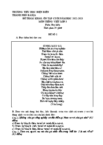 Đề tham khảo, ôn tập cuối năm môn Tiếng Việt Lớp 3 (Đọc hiểu) - Năm học 2022-2023 - Trường Tiểu học Điện Biên - Đề số 1