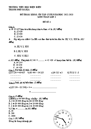 Đề tham khảo, ôn tập cuối năm môn Toán Lớp 3 - Năm học 2022-2023 - Trường Tiểu học Điện Biên - Đề số 4