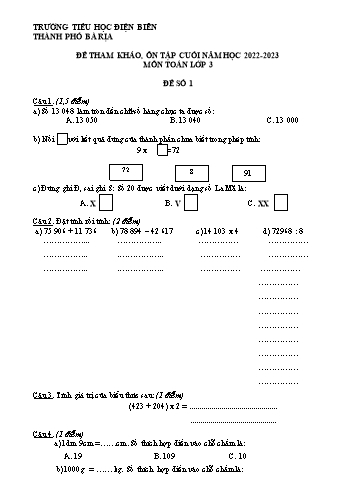 Đề tham khảo, ôn tập cuối năm môn Toán Lớp 3 - Năm học 2022-2023 - Trường Tiểu học Điện Biên - Đề số 1