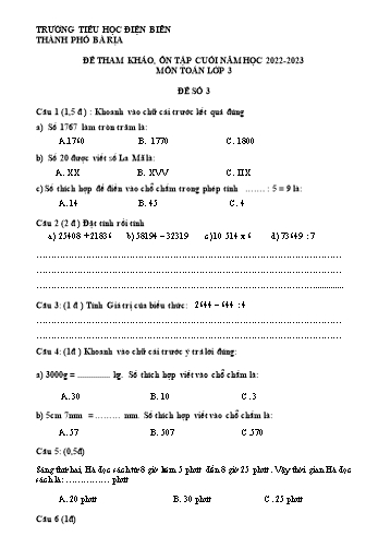 Đề tham khảo, ôn tập cuối năm môn Toán Lớp 3 - Năm học 2022-2023 - Trường Tiểu học Điện Biên - Đề số 3