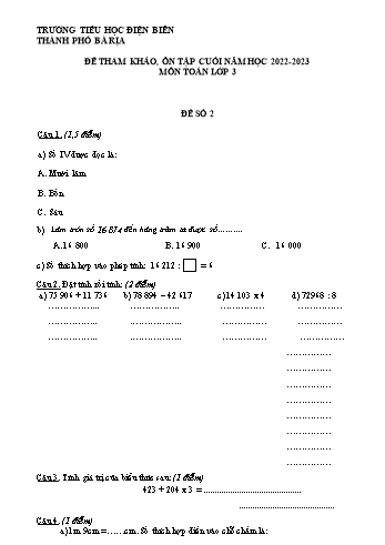 Đề tham khảo, ôn tập cuối năm môn Toán Lớp 3 - Năm học 2022-2023 - Trường Tiểu học Điện Biên - Đề số 2