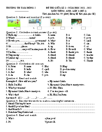 Đề thi giữa kì 1 môn Tiếng Anh Lớp 3 - Năm học 2021-2022 - Trường Tiểu học Tam Hồng 2 (Có đáp án)